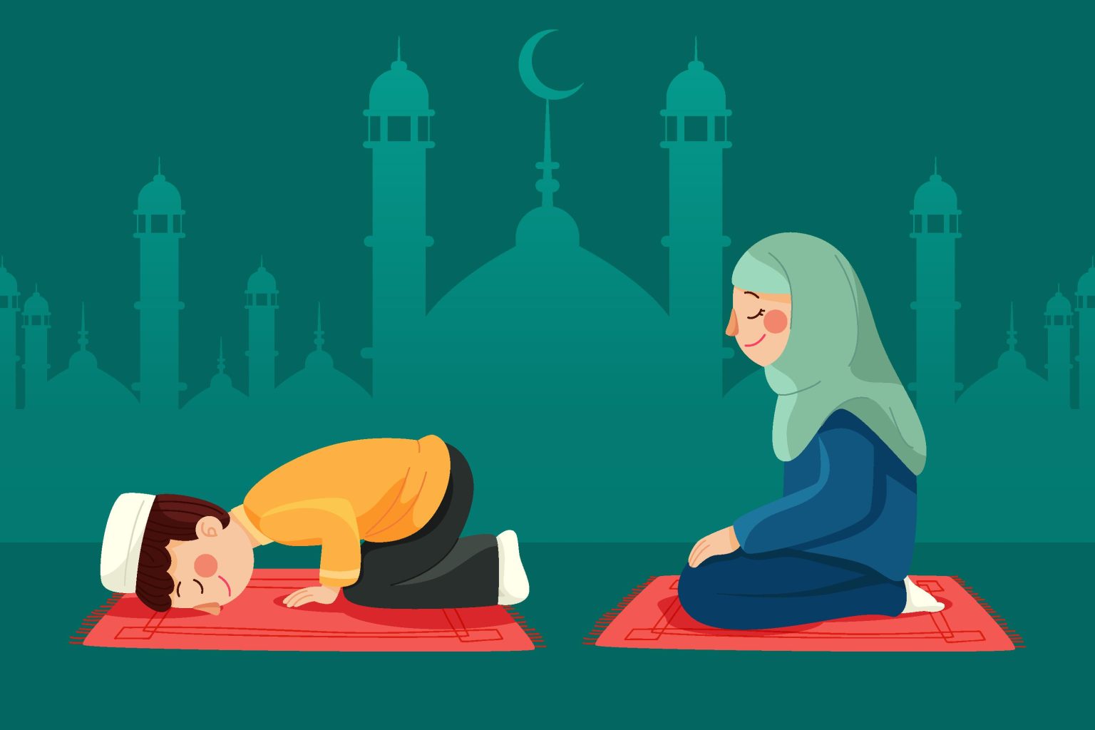 Orang tua mendampingi anak menyiapkan sajadah untuk membangun kebiasaan salat