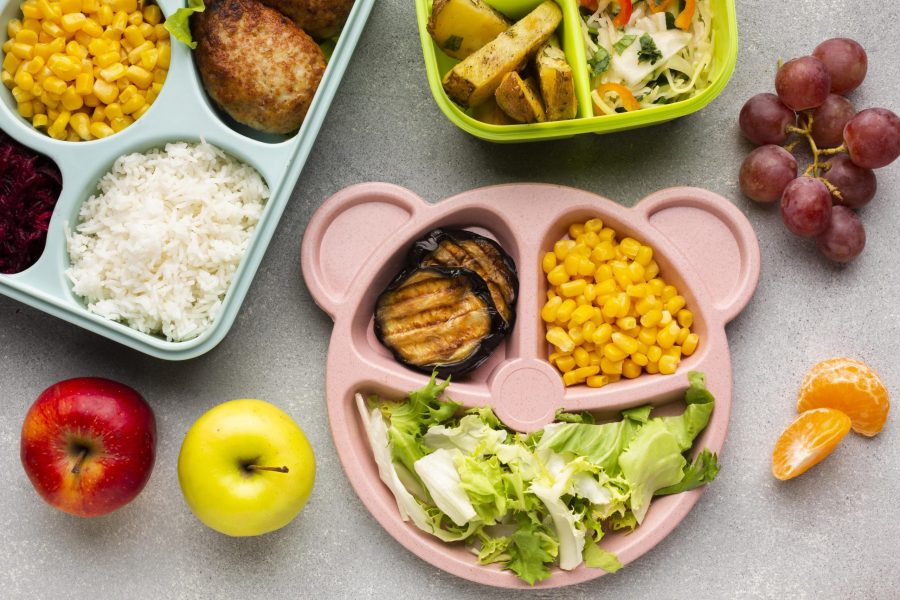 Contoh piring gizi seimbang untuk anak dengan makanan pokok, protein, sayur, dan buah