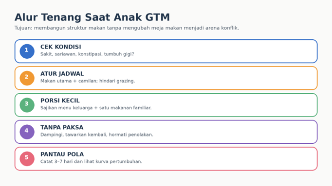 alur menghadapi GTM anak: cek kondisi, atur jadwal, porsi kecil, tanpa paksa, pantau pertumbuhan
