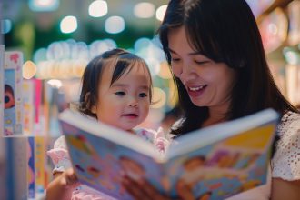 Ibu membaca buku interaktif bersama anak untuk stimulasi bicara dan bahasa
