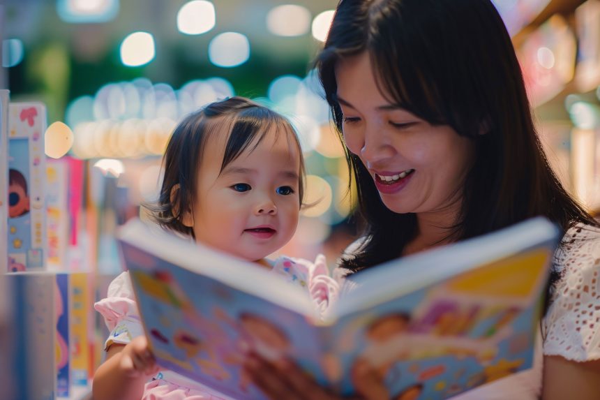 Ibu membaca buku interaktif bersama anak untuk stimulasi bicara dan bahasa