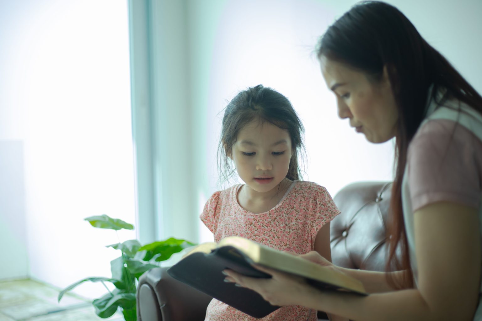 Ibu dan anak bercerita dari foto keluarga untuk melatih bahasa