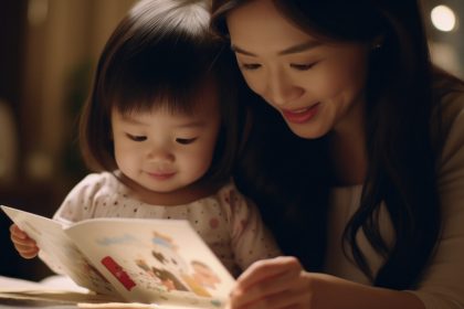 Ibu membaca buku interaktif bersama anak dan membangun percakapan dua arah