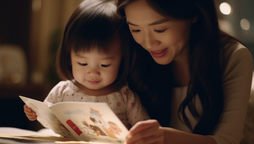 Ibu membaca buku interaktif bersama anak dan membangun percakapan dua arah