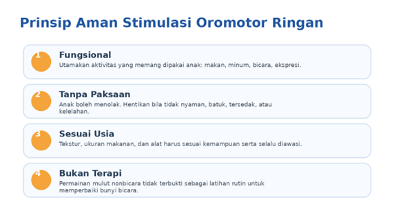 Prinsip dasar: fungsional, tanpa paksaan, sesuai usia, dan tidak menggantikan terapi.