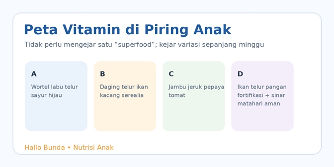 Infografik sumber vitamin A, B, C, dan D dari makanan anak