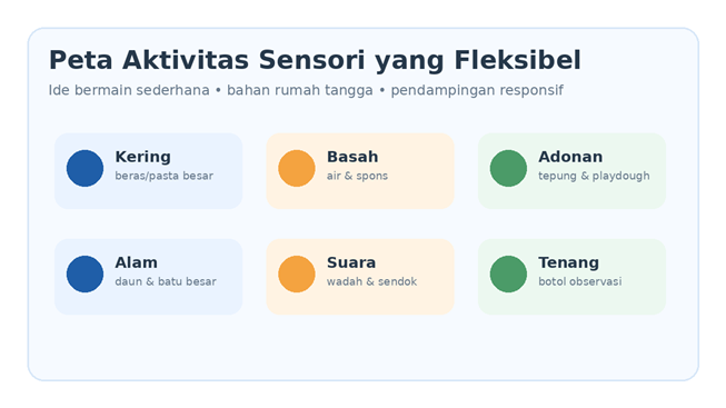 Peta aktivitas sensori: pilih bahan sesuai usia, minat, dan toleransi anak.