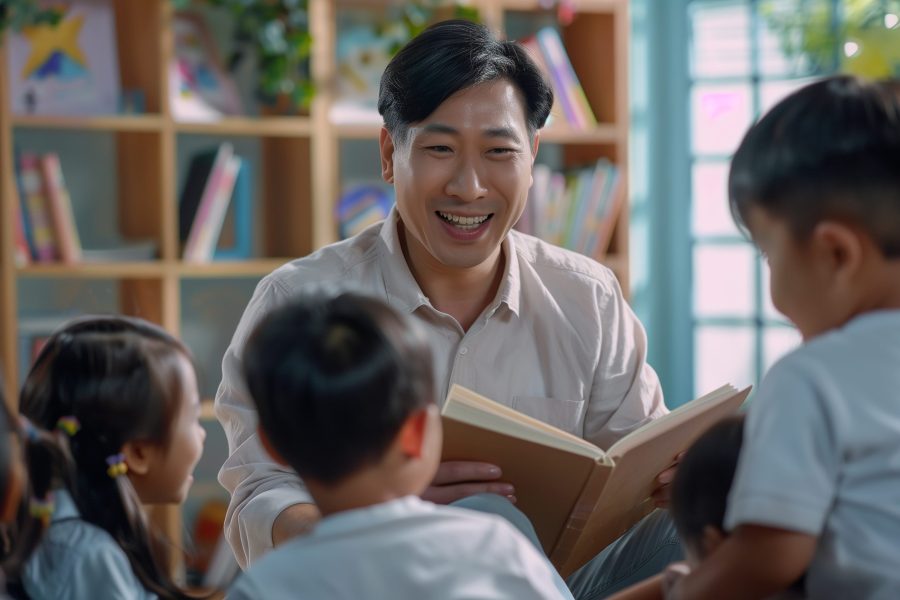 Anak memilih satu dari dua buku cerita bersama ayah sebagai latihan mengambil keputusan sederhana.