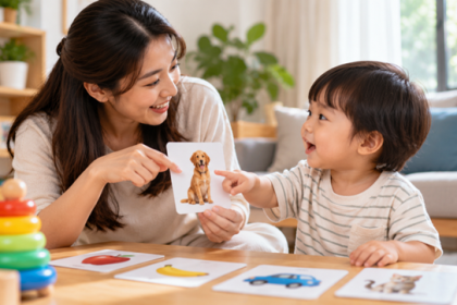 Ibu mengajak anak mengenali gambar untuk melatih bahasa reseptif dan ekspresif