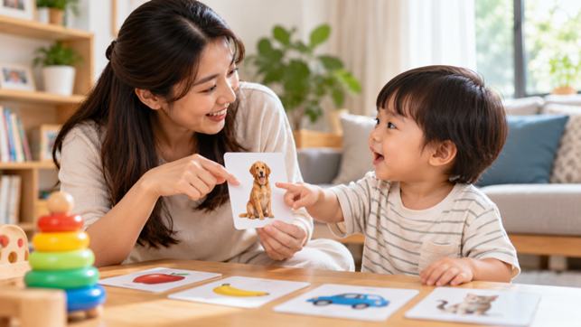 Ibu mengajak anak mengenali gambar untuk melatih bahasa reseptif dan ekspresif