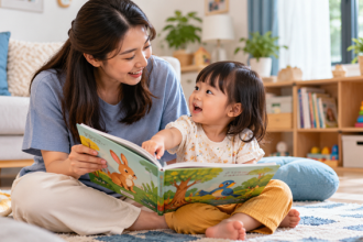 Ibu dan anak membaca buku interaktif sambil menunjuk gambar dan berbicara