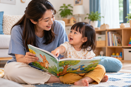Ibu dan anak membaca buku interaktif sambil menunjuk gambar dan berbicara