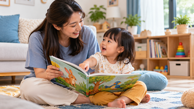 Ibu dan anak membaca buku interaktif sambil menunjuk gambar dan berbicara